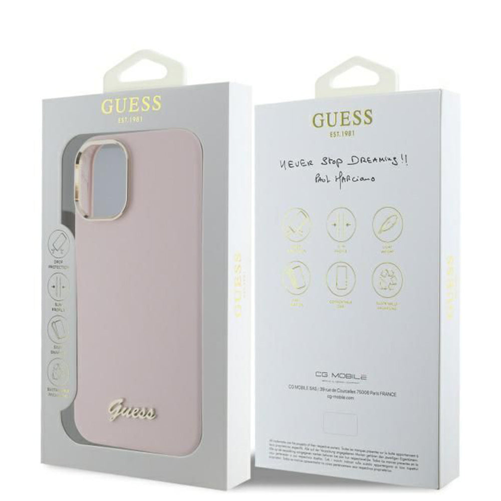 Husa de protectie Guess Silicone Script Metal Logo & Frame (GUHCP16MSMBSLP) compatibil cu iPhone 16 Plus, Roz