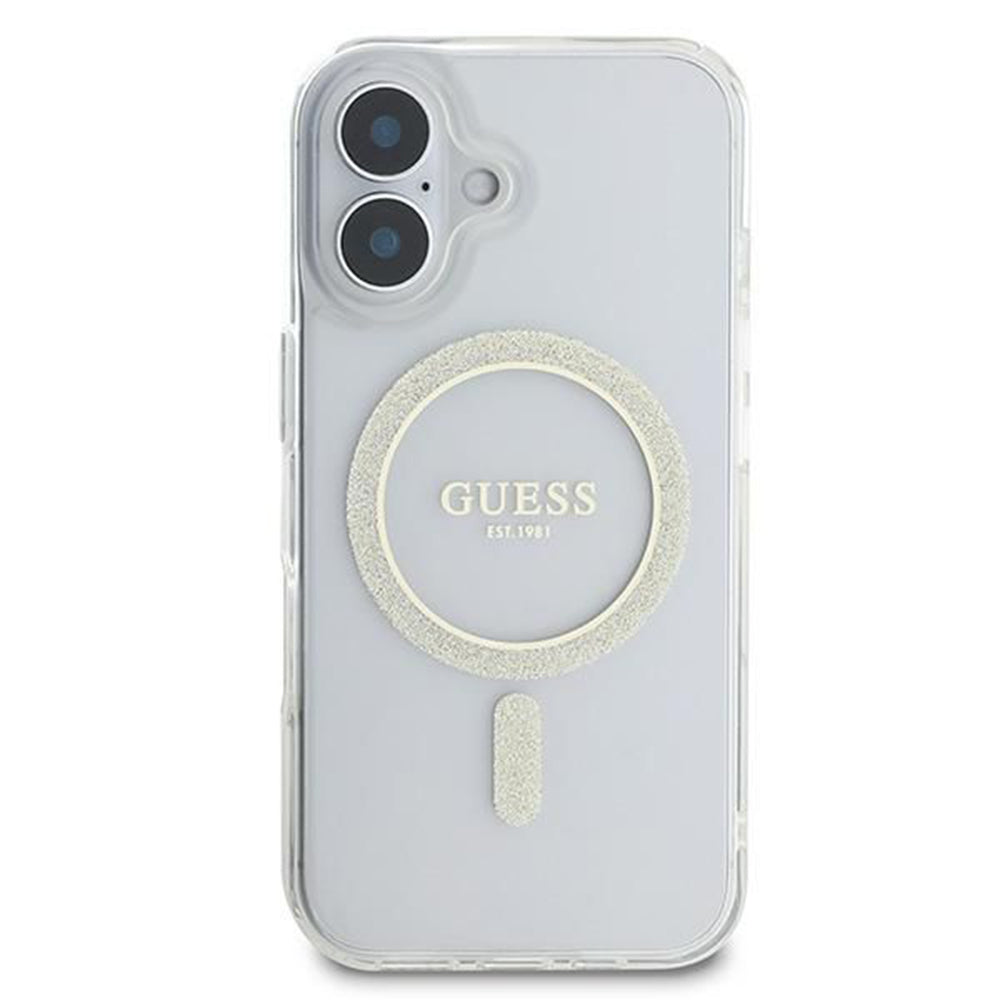 Husa de protectie Guess IML Glitter Circle MagSafe (GUHMP16SHFGERET) compatibil cu iPhone 16, Transparent