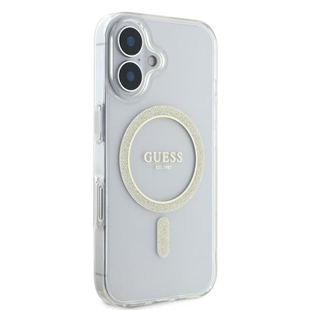 Husa de protectie Guess IML Glitter Circle MagSafe (GUHMP16SHFGERET) compatibil cu iPhone 16, Transparent
