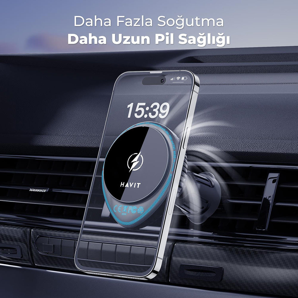 Suport Havit with Wireless Charging (W3036), with Cooler, for Air Vent, 15W, Negru