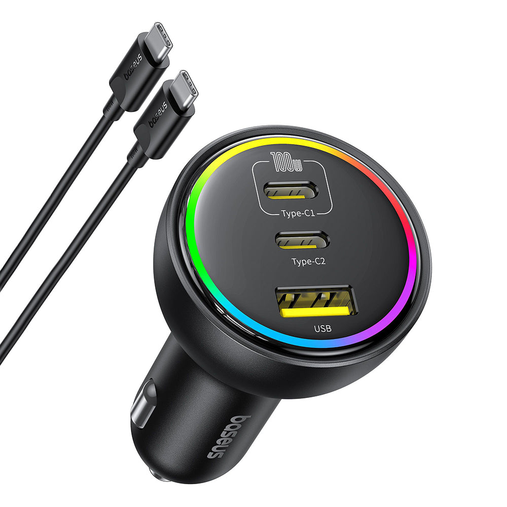 Incarcator Baseus Car (C00036101111-00), 2x USB-C, USB, 152.5W, Fast Charging, RGB Ambient Light, USB-C Cable, Cluster Black