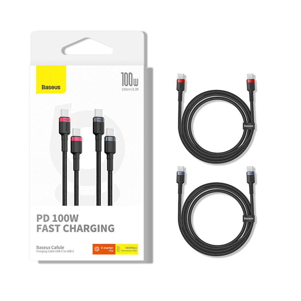 Cablu Baseus (set de 2) Cafule (P10318306003-00), Type-C to Type-C, Fast Charging, 100W, 5A, 1m, Negru /Red, Black/Grey