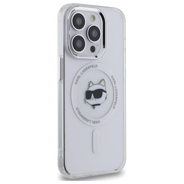 Husa de protectie Karl Lagerfeld IML MagSafe (KLHMP14LHLSCHH) compatibil cu iPhone 14 Pro, Alb Metal Choupette`S Head