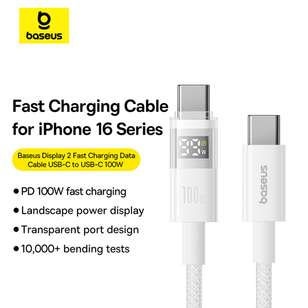 Cablu Baseus Display 2 (P10382702211-01), Fast Charging, Type-C to Type-C, Digital Display, 100W, 2m, Moon White