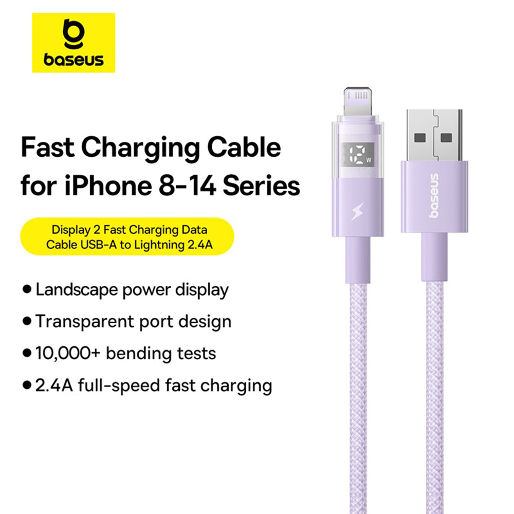 Cablu Baseus Display 2 (P10382700511-00), USB to Lightning, Fast Charging, Digital Display, 2.4A, 1m, Nebula Purple