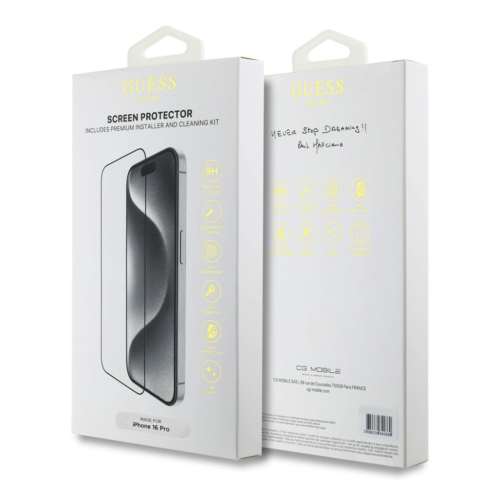 Folie de protectie Guess Classic 2.5D Outline (GUTGP16SBOKGCIT) compatibil cu iPhone 16, Negru