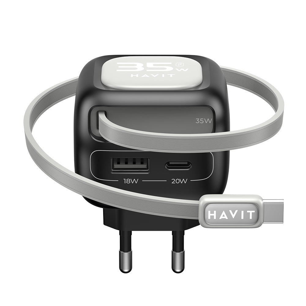 Incarcator Havit (UC251 EU), Type-C Retractable Cable, Type-C, USB, GaN, 35W, Negru / Gray