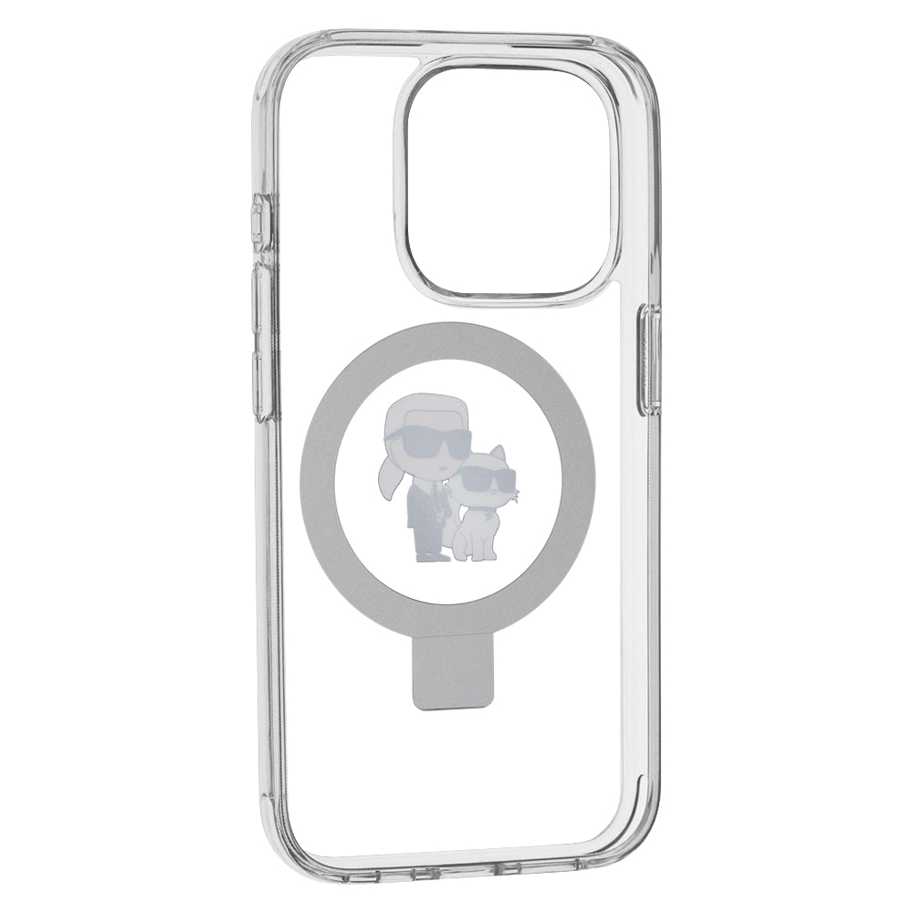 Husa de protectie Karl Lagerfeld Hardcase Ring Stand MagSafe (KLHMP15LHMRSKCH) compatibil cu iPhone 15 Pro, Alb Karl&Choupette