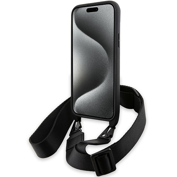 Husa de protectie BMW Leather M Edition Carbon Stripe & Strap compatibil cu iPhone 15 Plus (BMHCP15M23PSCCK), Negru