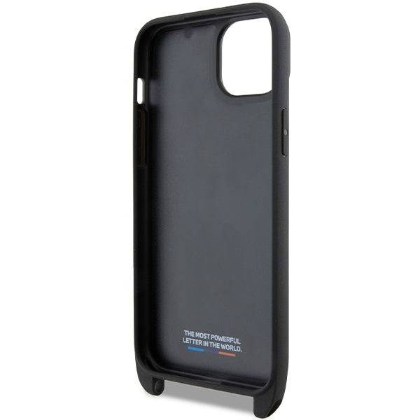 Husa de protectie BMW Leather M Edition Carbon Stripe & Strap compatibil cu iPhone 15 Plus (BMHCP15M23PSCCK), Negru