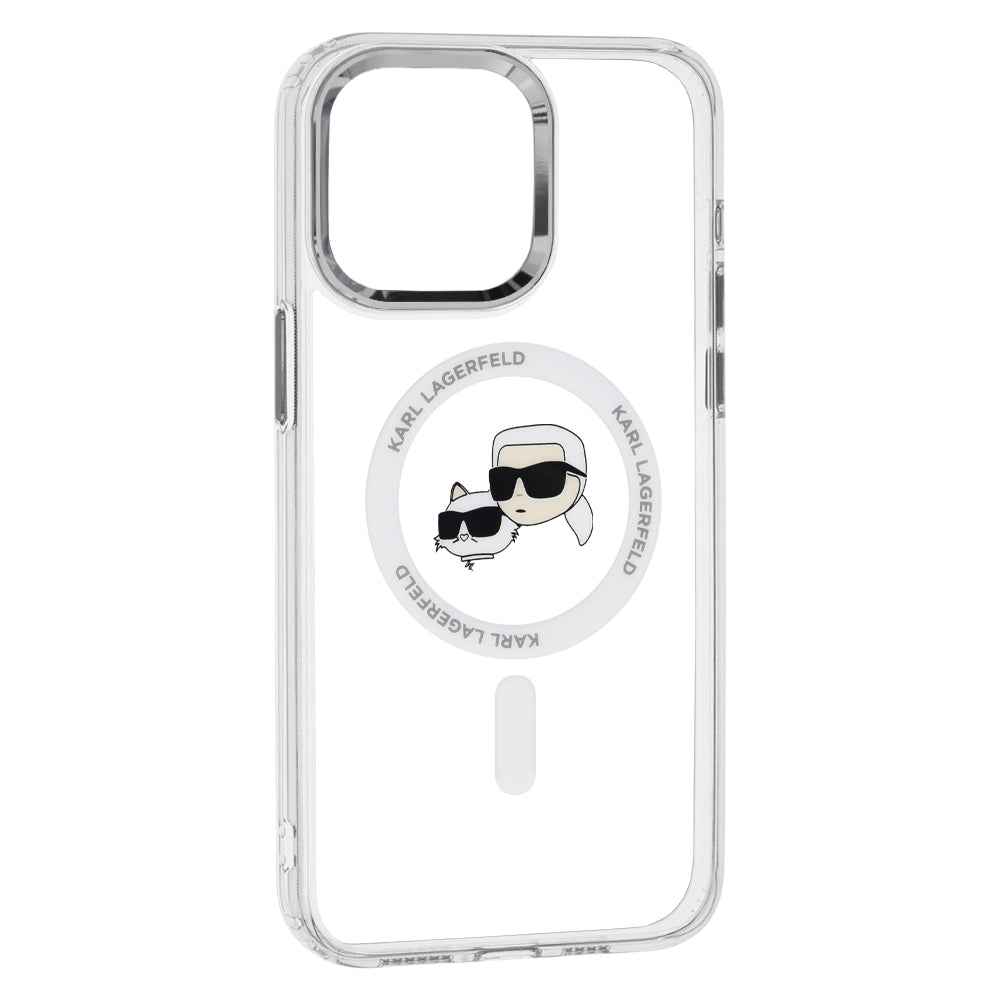 Husa de protectie Karl Lagerfeld IML MagSafe (KLHMP15LHLSKCH) compatibil cu iPhone 15 Pro, Alb Metal Karl&Choupette Head