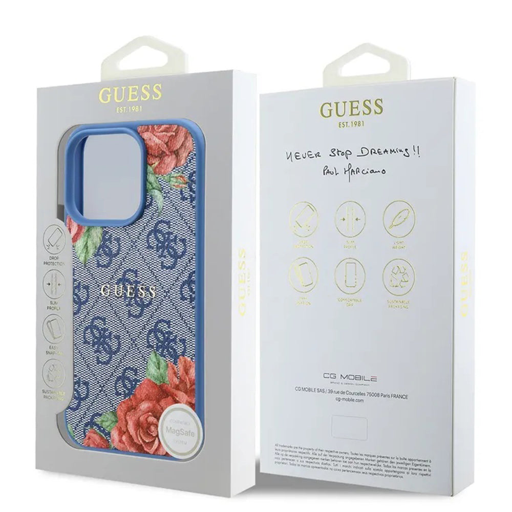 Husa de protectie Guess Hardcase 4G Flower Print MagSafe (GUHMP16LP4ROPEMCB) compatibil cu iPhone 16 Pro, Albastru
