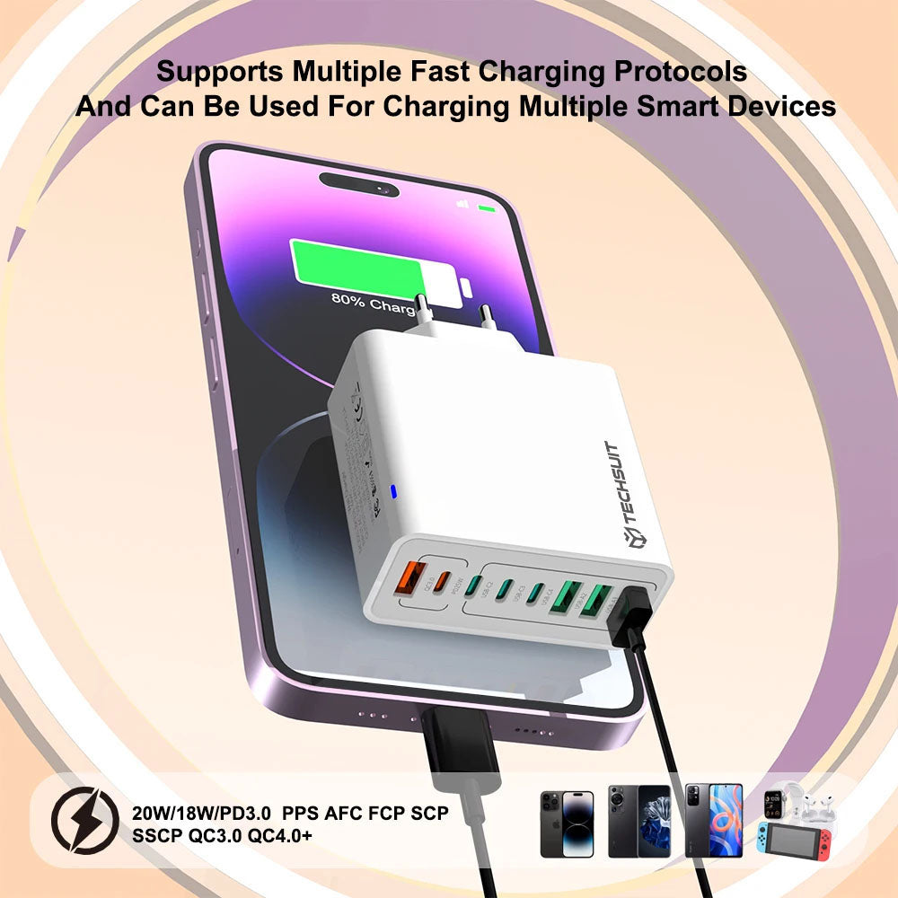 Incarcator Techsuit (CHPD224), 4 x USB, 4 X Type-C, Fast Charging, 65W, Alb