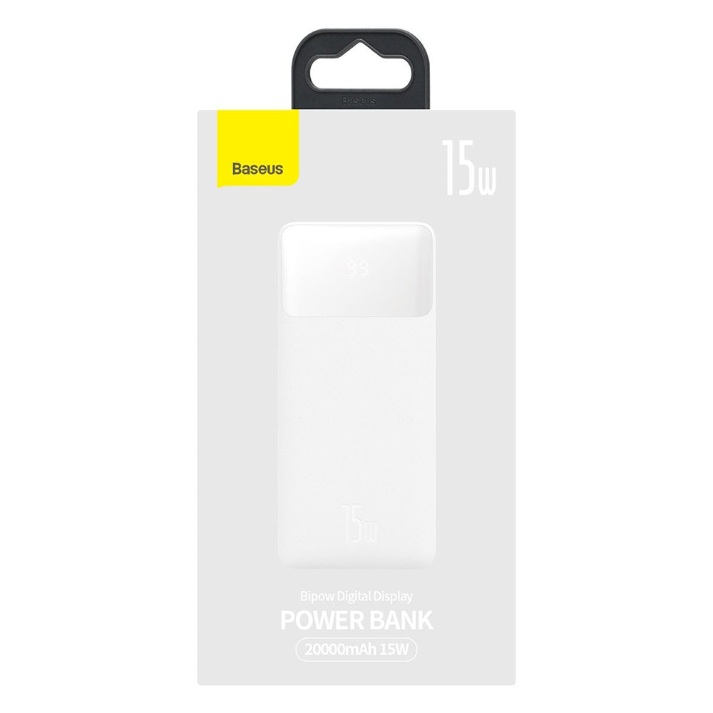 Baterie externa Baseus Bipow (PPBD050102), Digital Display 2xUSB QC3.0, USB-C 20000mAh 15W + Cable Micro-USB 0.25m, Alb