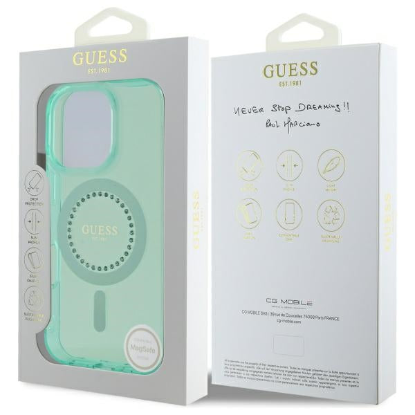 Husa de protectie Guess IML Rhinestones MagSafe (GUHMP16LPFTDTEN) compatibil cu iPhone 16 Pro, Verde