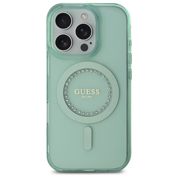 Husa de protectie Guess IML Rhinestones MagSafe (GUHMP16LPFTDTEN) compatibil cu iPhone 16 Pro, Verde