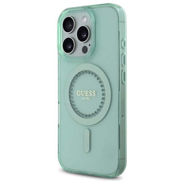 Husa de protectie Guess IML Rhinestones MagSafe (GUHMP16LPFTDTEN) compatibil cu iPhone 16 Pro, Verde