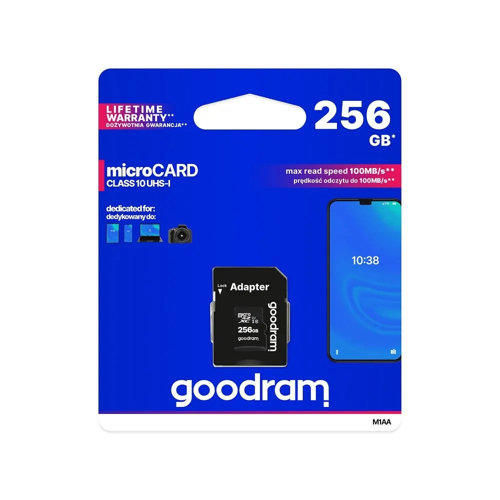 GOODRAM 256GB 100MB/s class 10 UHS I microSD memóriakártya SD adapterrel