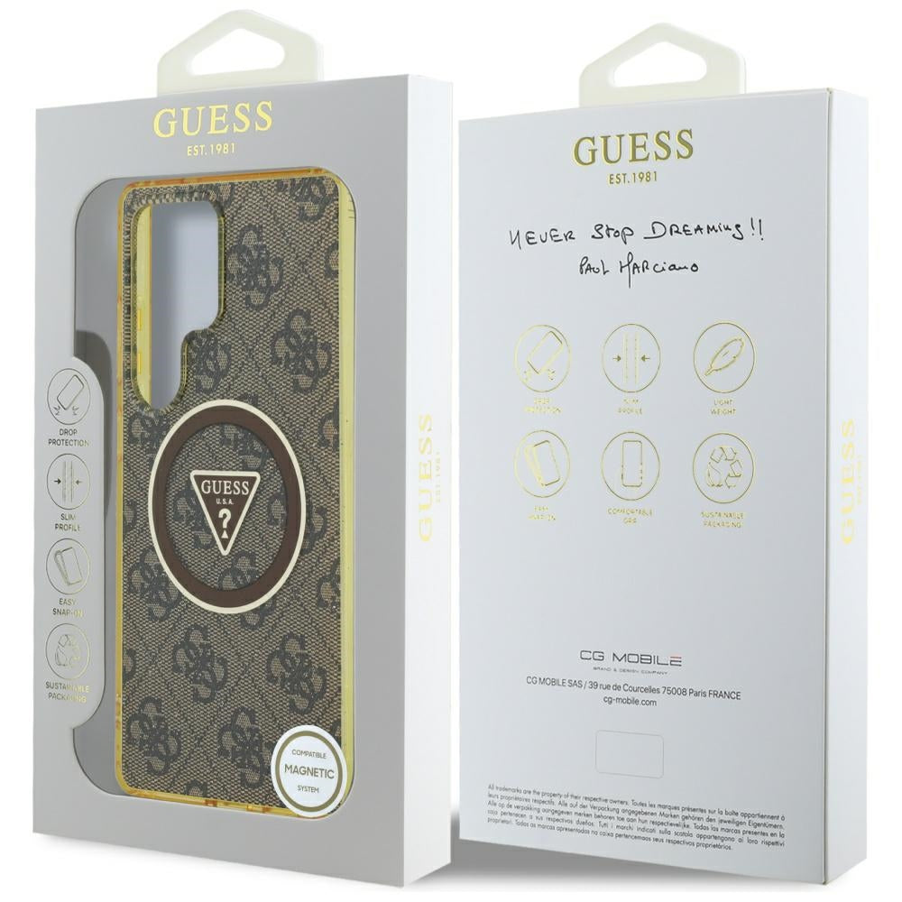 Husa de protectie Guess IML Metal Glitter 4G Circle Triangle MagSafe (GUHMS25LHG4PRTGW) compatibil cu Samsung Galaxy S25 Ultra, Maro