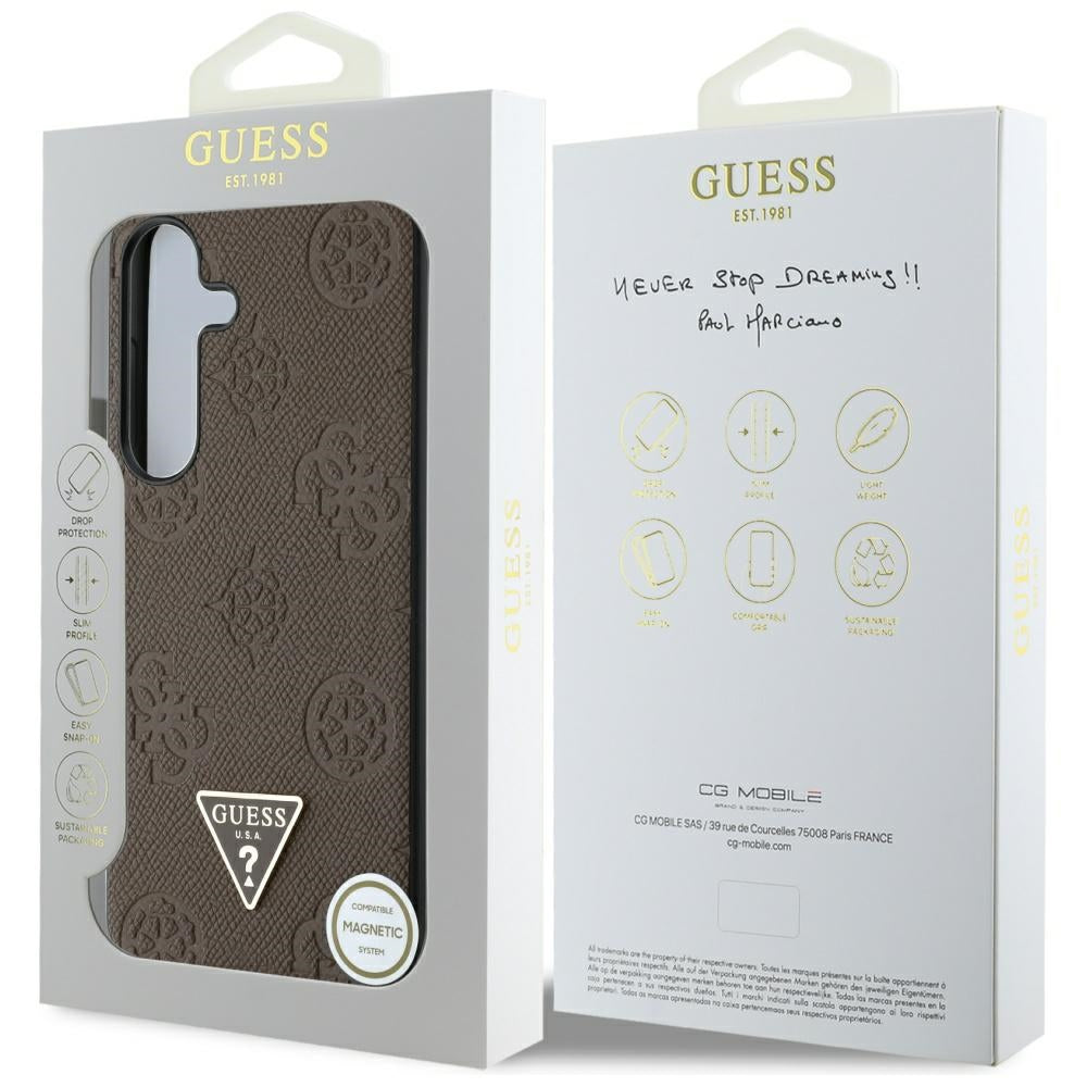 Husa de protectie Guess Peony Grained Hot Stamp Triangle Logo MagSafe (GUHMS25SPGBTMW) compatibil cu Samsung Galaxy S25, Maro
