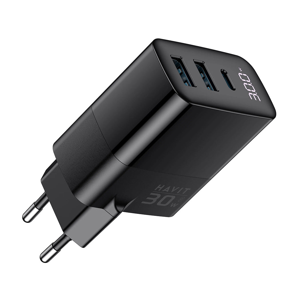 Incarcator Havit (UCLE001 EU), 2x USB, Type-C, 30W, GaN Technology, Negru