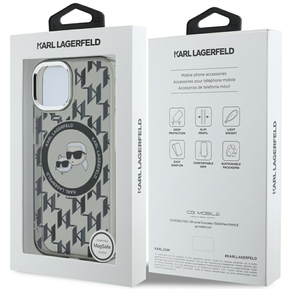 Husa de protectie Karl Lagerfeld IML MagSafe (KLHMP15MHMCKMHK) compatibil cu iPhone 15 Plus, Negru Monogram Karl&Choupette Head