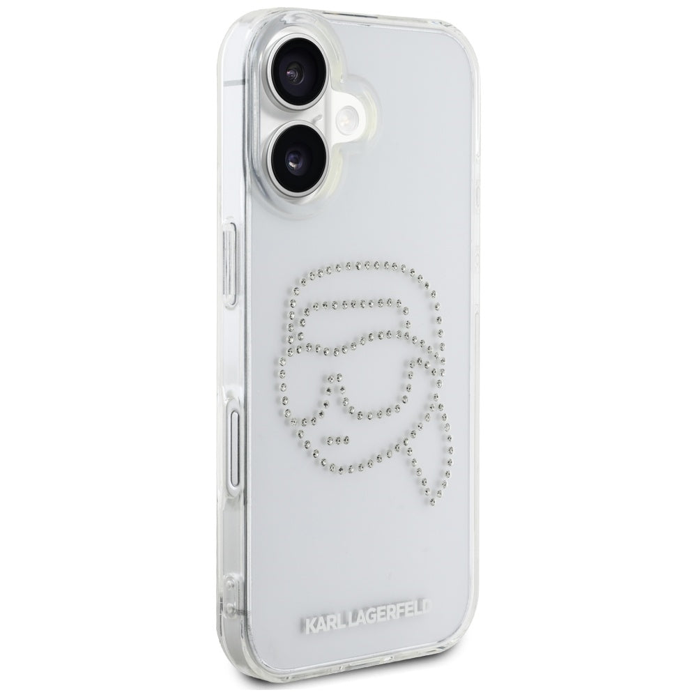 Husa de protectie Karl Lagerfeld IML Rhinestones (KLHCP16SHKHDCELT) compatibil cu iPhone 16, Karl Head Transparent