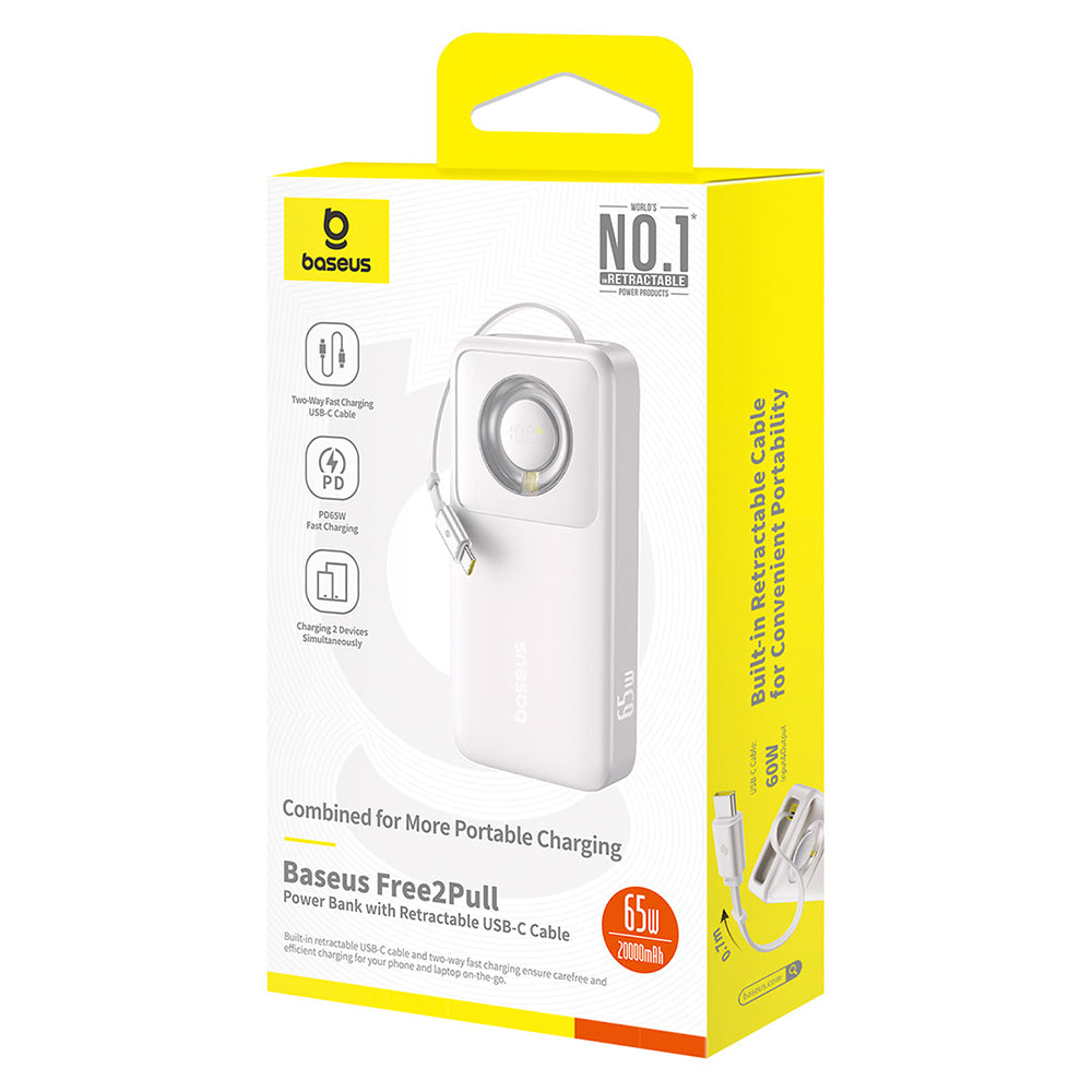 Baterie externa Baseus Free2Pull (P10073700843-00), with Retractable USB-C Cable, Type-C, Display, 20000mAh, 65W, 0.7m, Gri