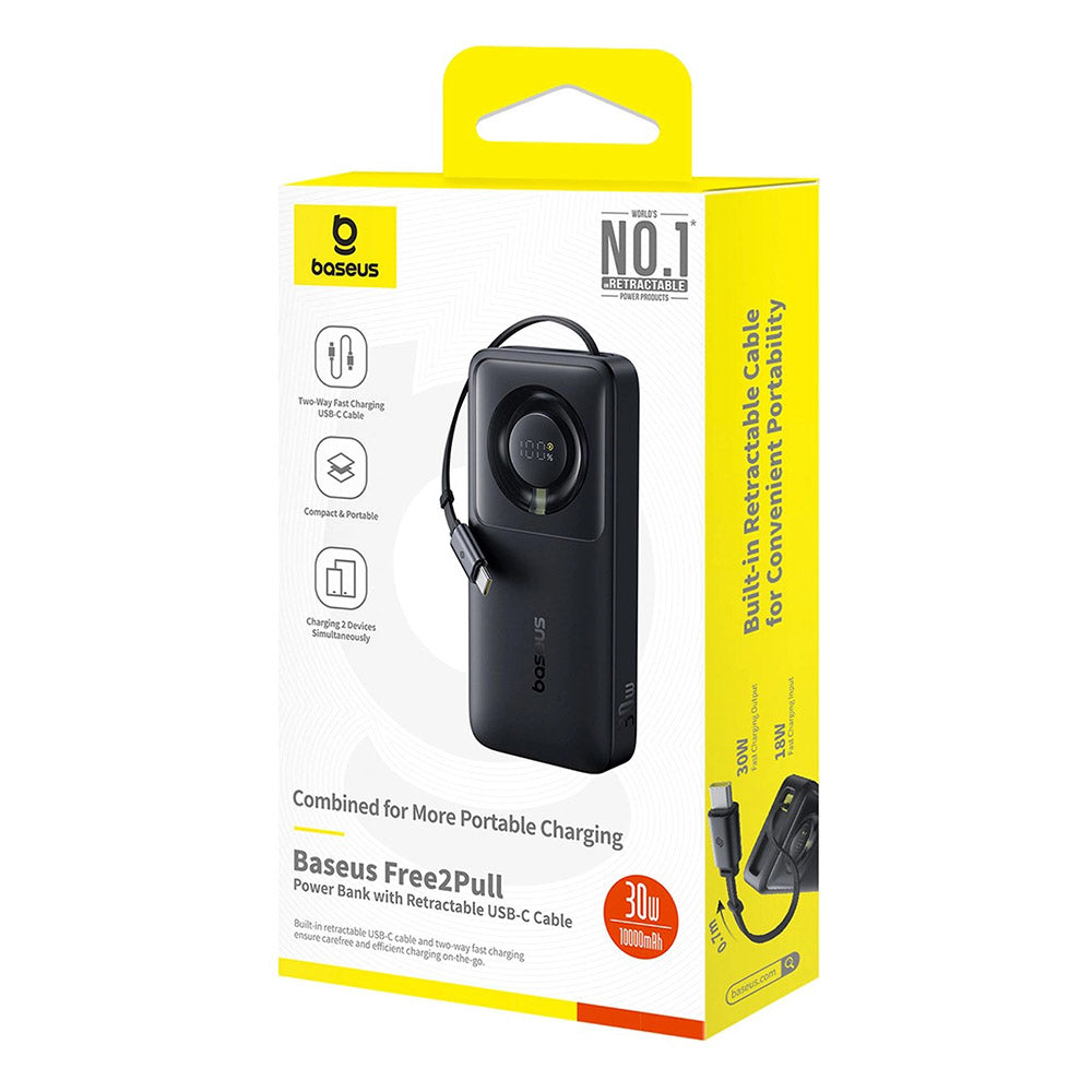 Baterie externa Baseus Free2Pull (P10073701123-00), with Retractable USB-C Cable, Type-C, Display, 10000mAh, 30W, 0.7m, Negru