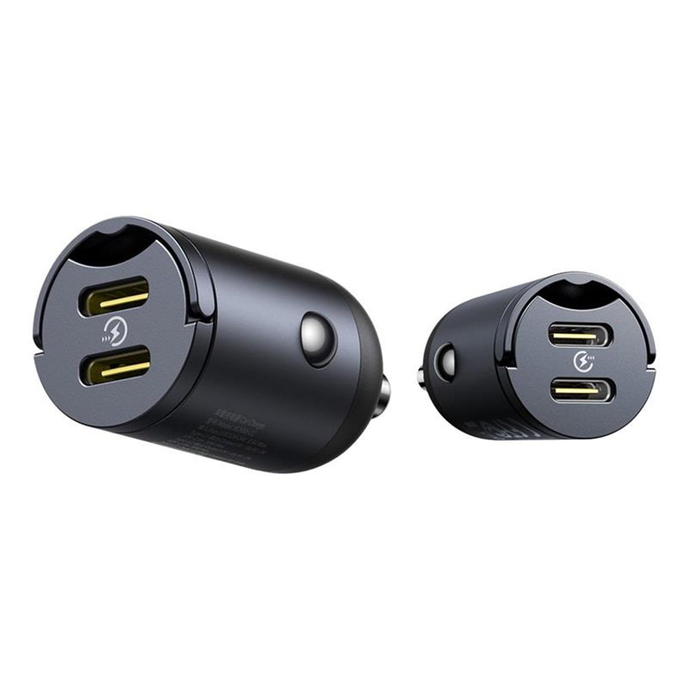 Incarcator Baseus Car Tiny Star Mini (C00035001121-03), 2x Type-C, 30W, with Built-in Pull Handle, 12V to 24V, Negru
