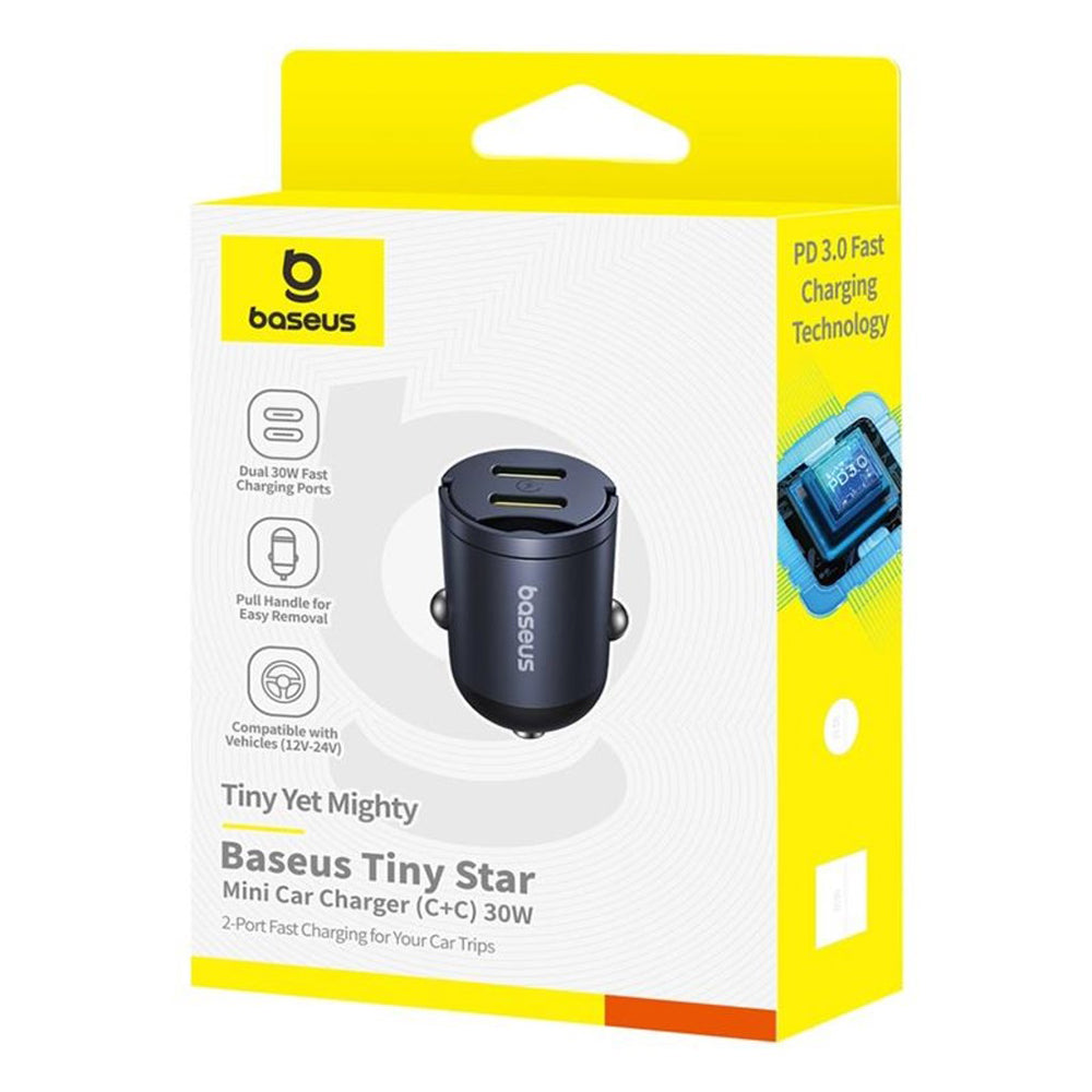 Incarcator Baseus Car Tiny Star Mini (C00035001121-03), 2x Type-C, 30W, with Built-in Pull Handle, 12V to 24V, Negru