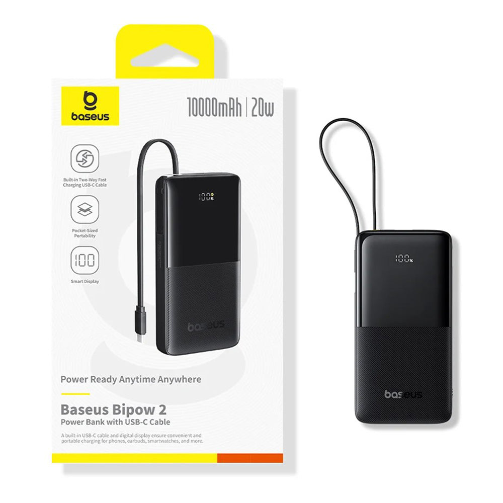 Baterie externa Baseus Bipow 2 (P10077101213-00), with Built-in USB-C Cable, Type-C, USB, Smart Display, 10000mAh, 20W, Alb