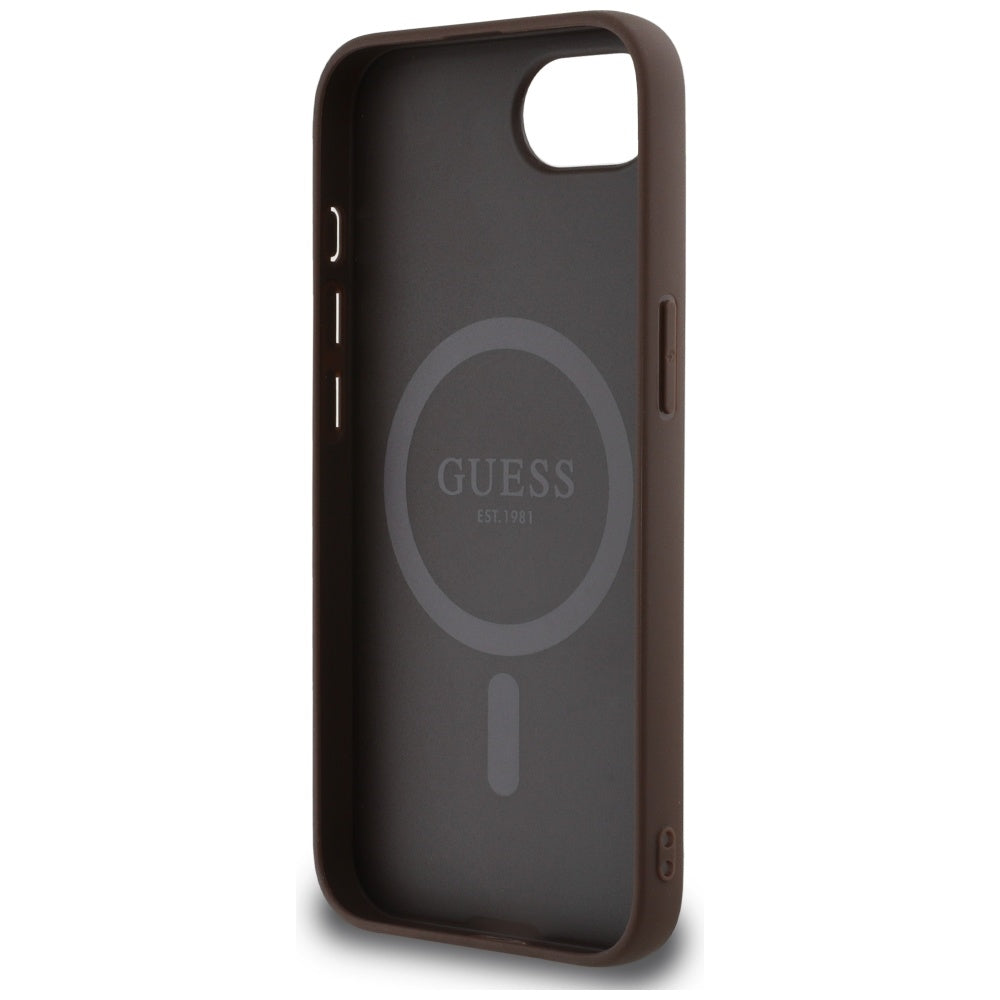 Husa de protectie Guess 4G Ring Triangle Logo MagSafe (GUHMPSE4P4TDPW) compatibil cu iPhone 16e / iPhone 17e, Maro