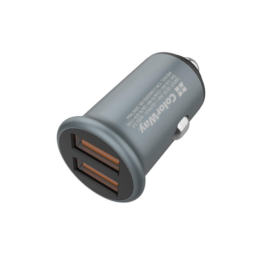 Incarcator ColorWay Mini Car (CW-CHA036Q-GR), 2x USB, Quick Charge 2.0 & 3.0, 36W, 3A, Huawei FCP, Auto ID Chip, 24V, Gri