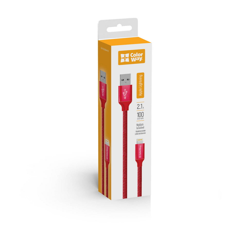 Cablu ColorWay (CW-CBUL004-RD), USB 2.0 to Apple Lightning, for Syncing & Charging, Nylon, 2.1A, 480Mbps, 1m, Rosu