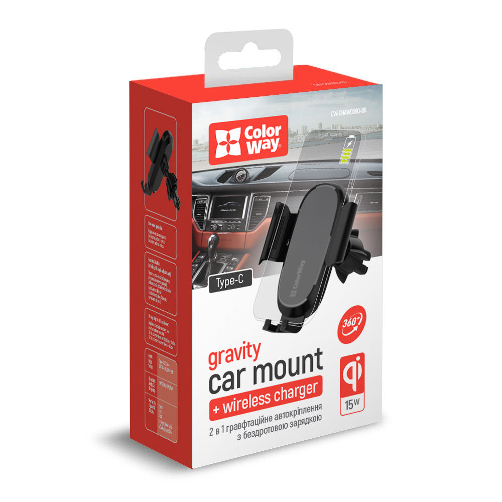 Suport ColorWay Wireless Gravity (CW-CHAW038Q-BK), for Air Vent, 360°, 15W, Qi, Smart Chip, for 4.7" to 6.8", Negru
