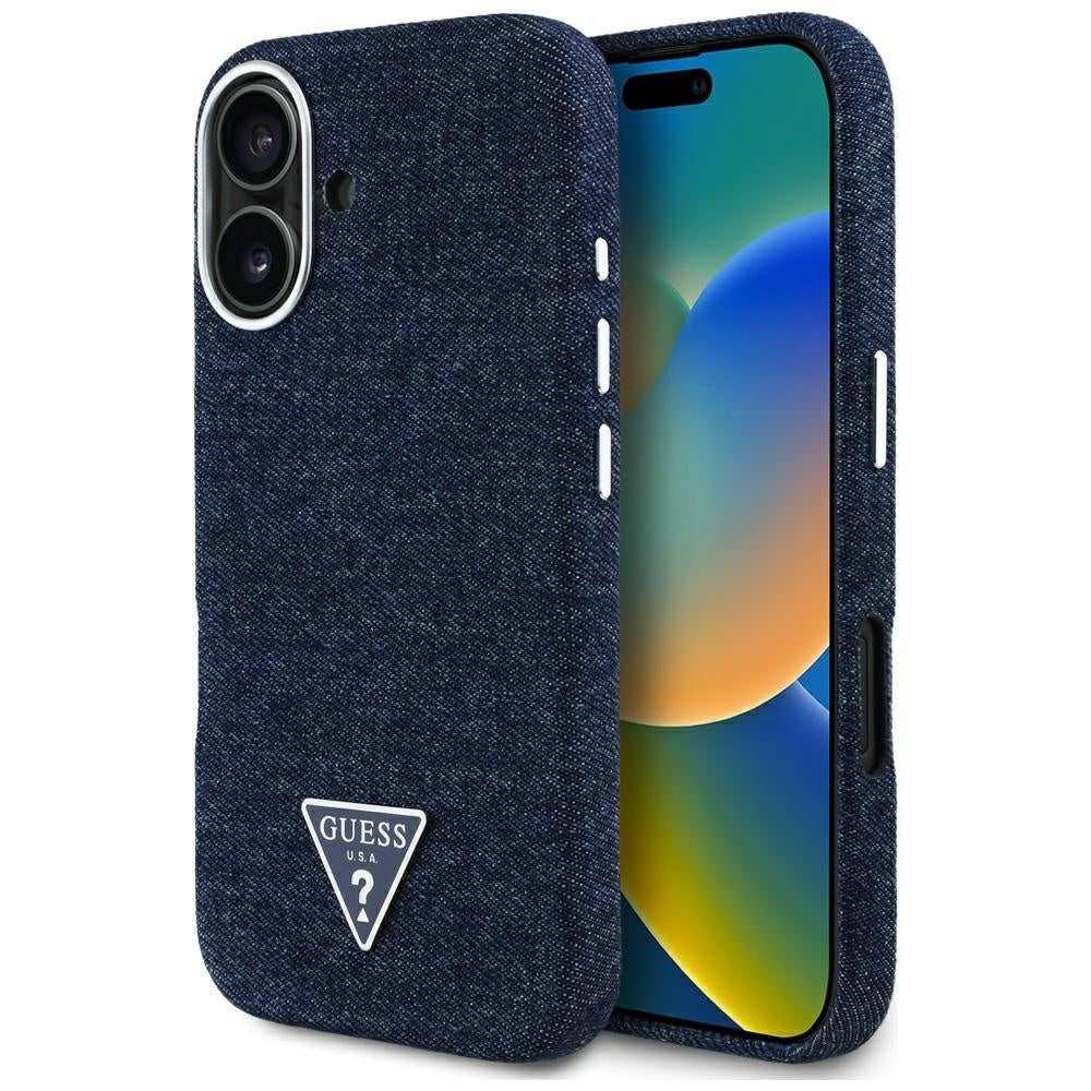 Husa de protectie Guess Denim Triangle Logo MagSafe (GUHMP16SRJFWTLB) compatibil cu iPhone 16, Albastru