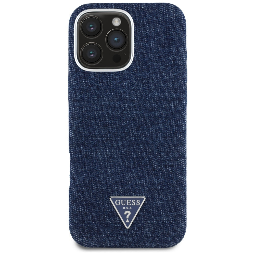 Husa de protectie Guess Denim Triangle Logo MagSafe (GUHMP16XRJFWTLB) compatibil cu iPhone 16 Pro Max, Albastru