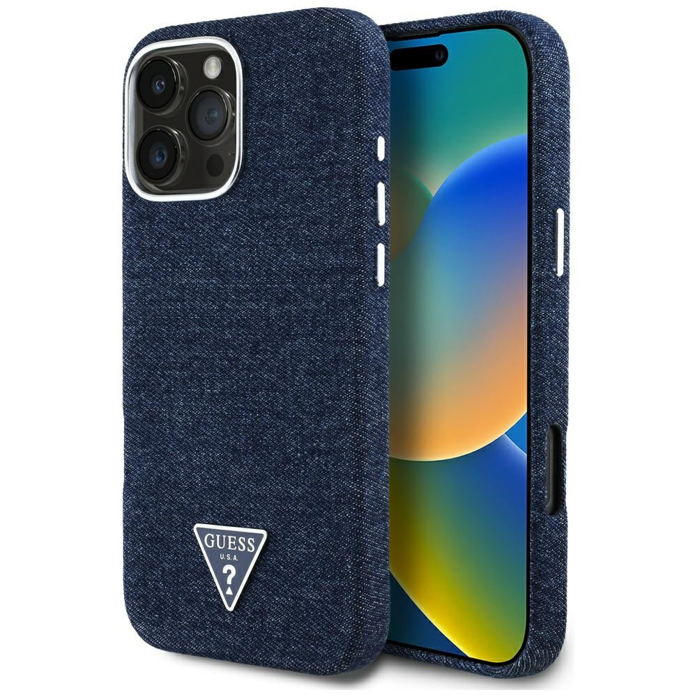 Husa de protectie Guess Denim Triangle Logo MagSafe (GUHMP16LRJFWTLB) compatibil cu iPhone 16 Pro, Albastru