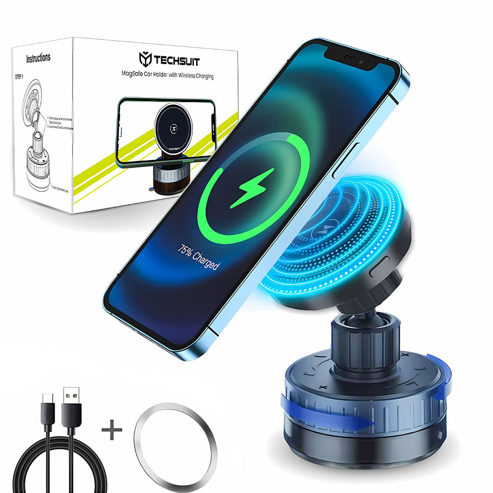 Suport Techsuit Premium with Wireless Charging (HOLD253), MagSafe N52 Magnets, Powerful Suction Cup, Dashboard, Negru