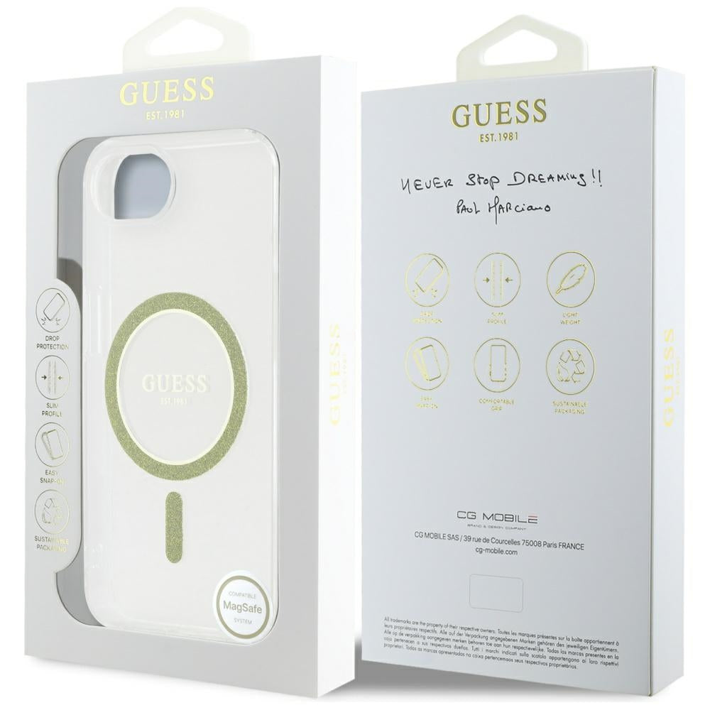Husa de protectie Guess IML Glitter Circle MagSafe (GUHMPSE4HFGERET) compatibil cu iPhone 16e / iPhone 17e, Transparent