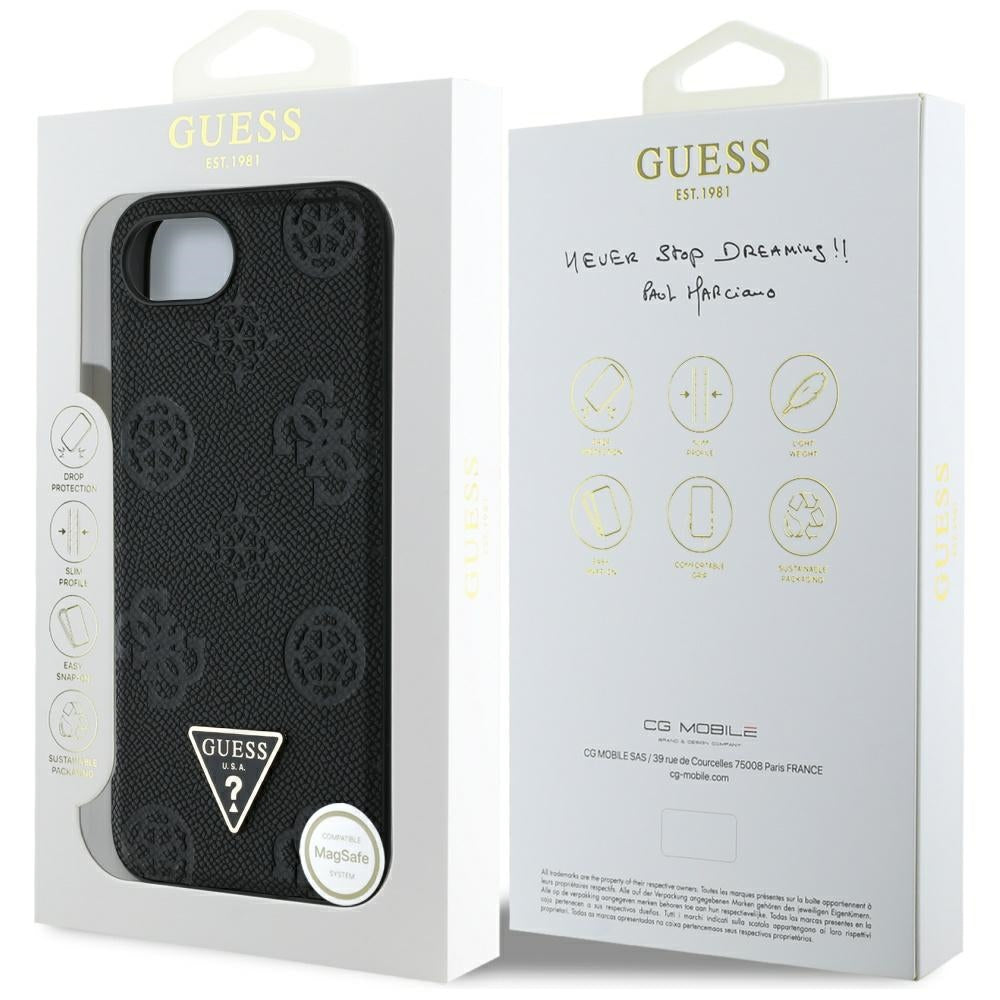 Husa de protectie Guess Peony Grained Hot Stamp Triangle Logo MagSafe (GUHMPSE4PGBTMK) compatibil cu iPhone 16e / iPhone 17e, Negru