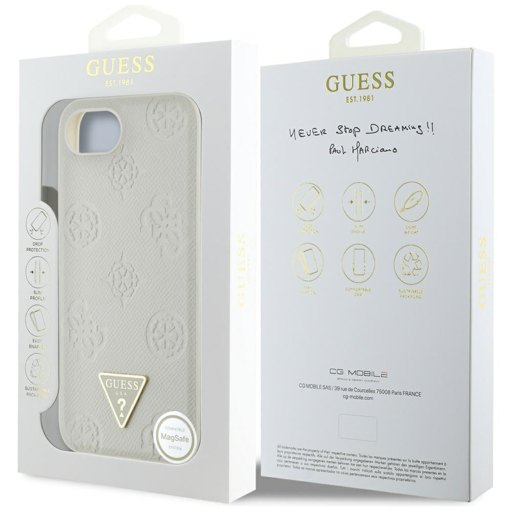 Husa de protectie Guess Peony Grained Hot Stamp Triangle Logo MagSafe (GUHMPSE4PGBTME) compatibil cu iPhone 16e / iPhone 17e, Bej