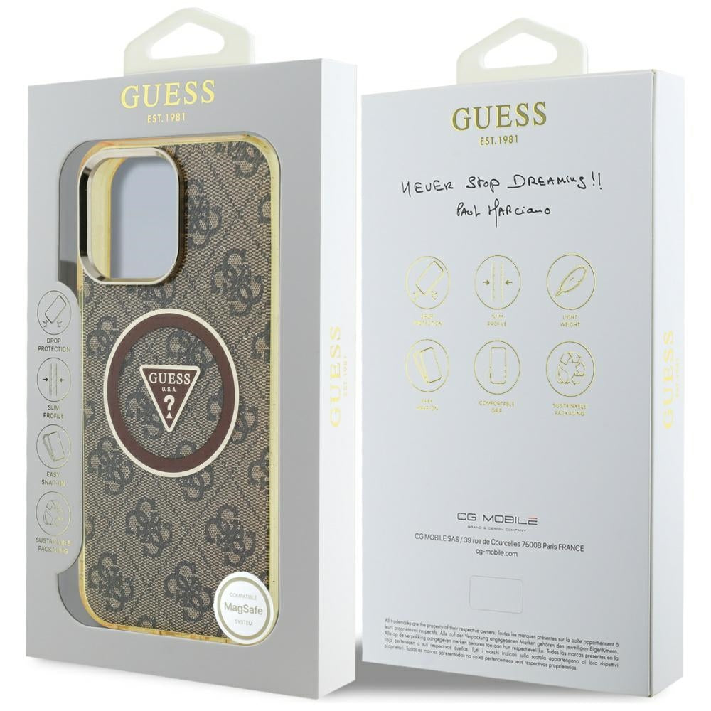 Husa de protectie Guess IML Metal Glitter 4G Circle Triangle MagSafe (GUHMP16LHG4PRTGW) compatibil cu iPhone 16 Pro, Maro