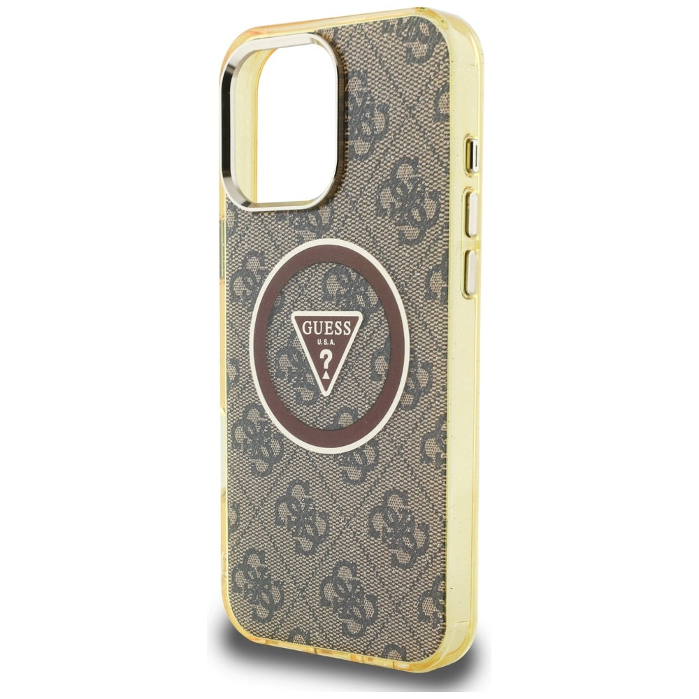 Husa de protectie Guess IML Metal Glitter 4G Circle Triangle MagSafe (GUHMP16LHG4PRTGW) compatibil cu iPhone 16 Pro, Maro
