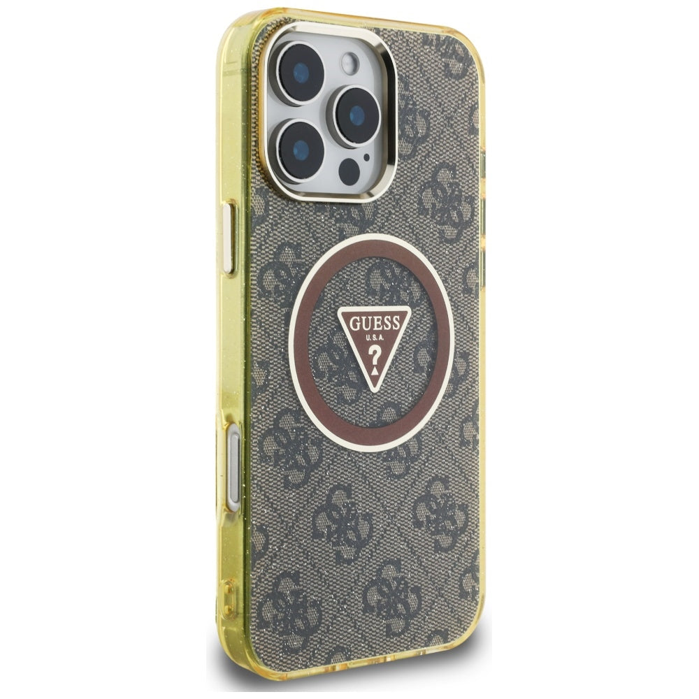 Husa de protectie Guess IML Metal Glitter 4G Circle Triangle MagSafe (GUHMP16LHG4PRTGW) compatibil cu iPhone 16 Pro, Maro