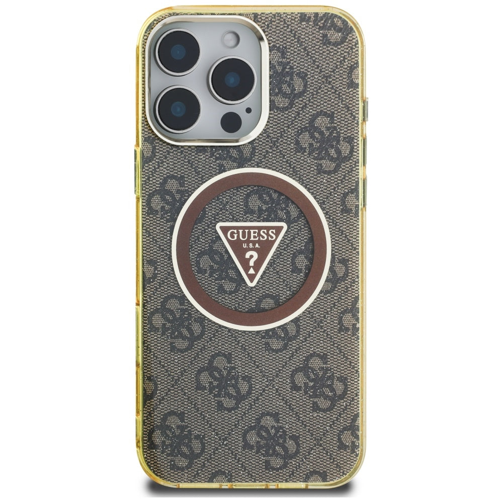 Husa de protectie Guess IML Metal Glitter 4G Circle Triangle MagSafe (GUHMP16LHG4PRTGW) compatibil cu iPhone 16 Pro, Maro