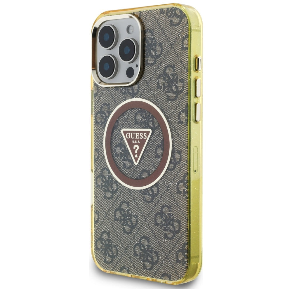 Husa de protectie Guess IML Metal Glitter 4G Circle Triangle MagSafe (GUHMP16LHG4PRTGW) compatibil cu iPhone 16 Pro, Maro