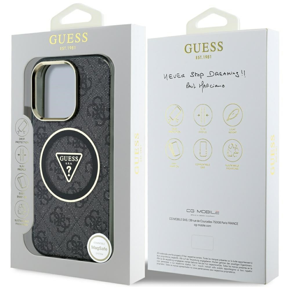 Husa de protectie Guess IML Metal Glitter 4G Circle Triangle MagSafe (GUHMP16LHG4PRTGK) compatibil cu iPhone 16 Pro, Negru
