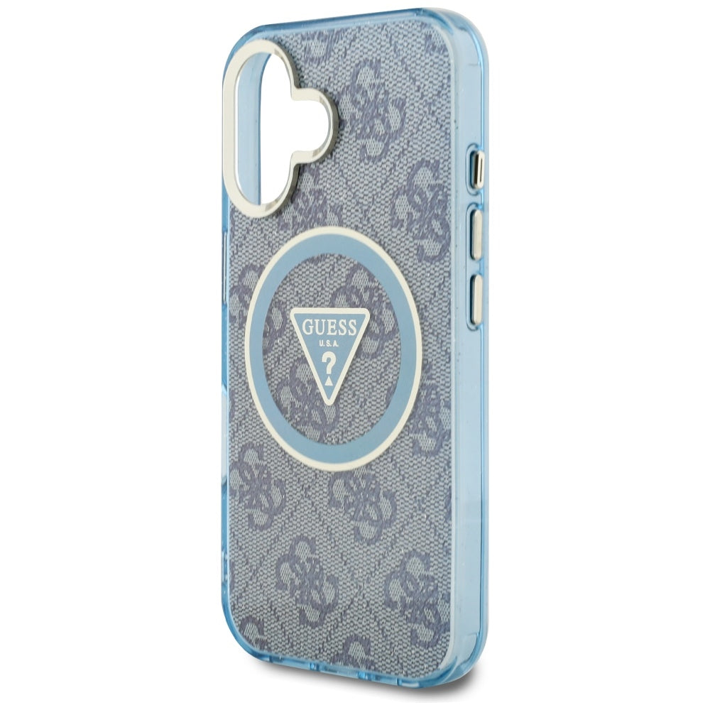 Husa de protectie Guess IML Metal Glitter 4G Circle Triangle MagSafe (GUHMP16SHG4PRTGB) compatibil cu iPhone 16, Albastru